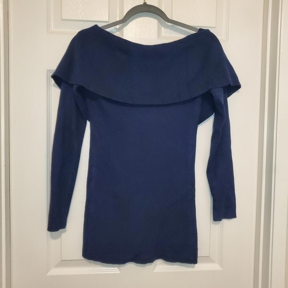 White House Black Market Ribbed Stretch Sweater Shawl Neck Satin Bow Size S Teal
